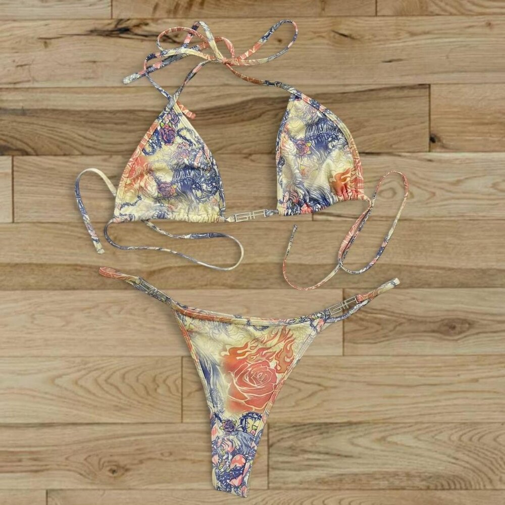 I AM GIA RARE discontinued pink white & blue multi rose tattooed bikini set XL L